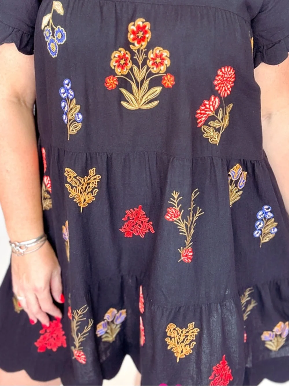 NWT! Umgee Black Tiered Babydoll Dress with Multicolor Floral Embroidery - Picture 5 of 7